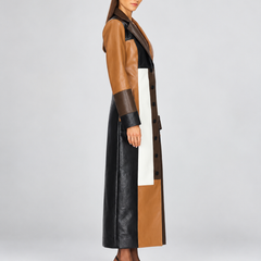 Deborah longline patchwork faux leather coat, side view
