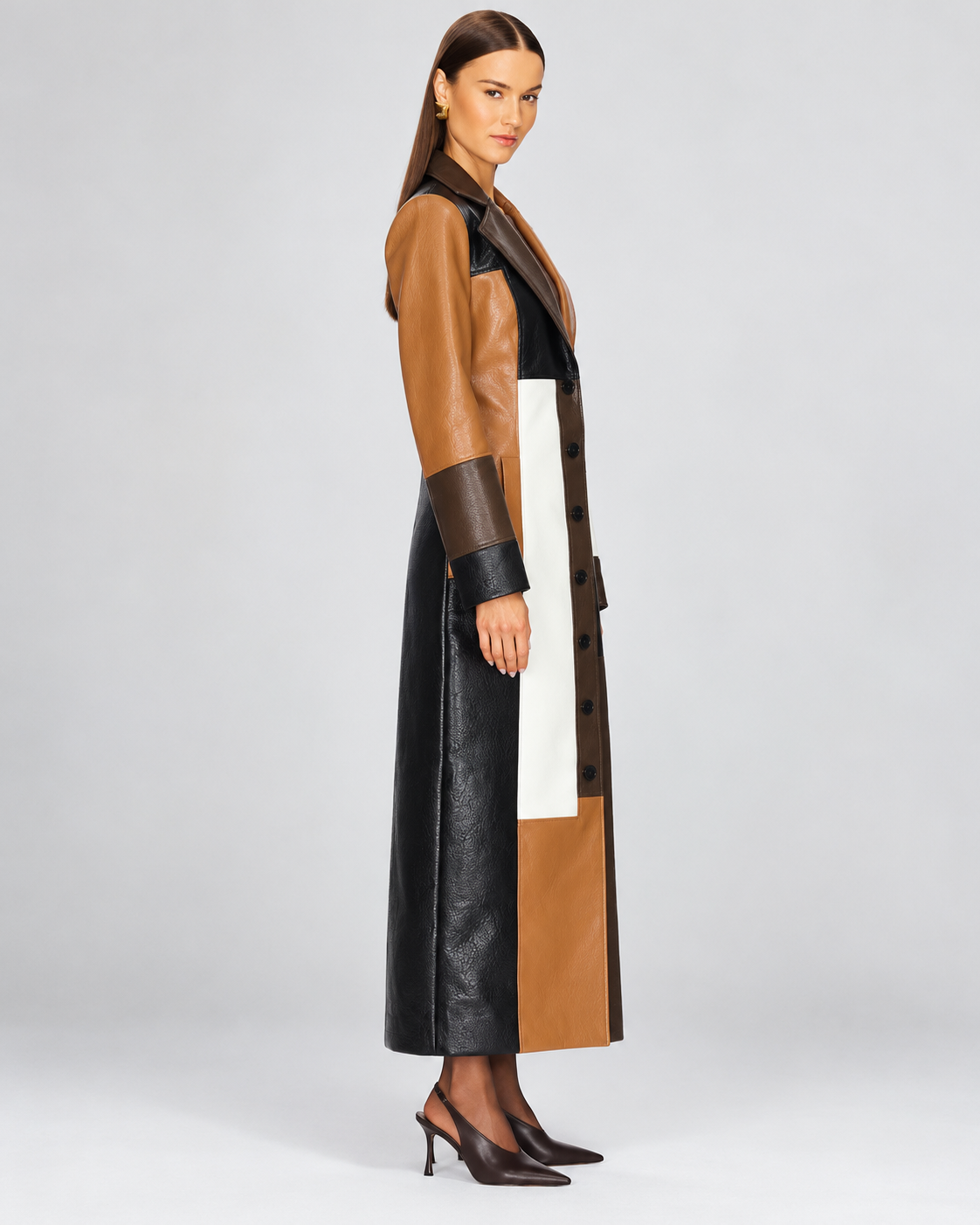 Deborah longline patchwork faux leather coat, side view
