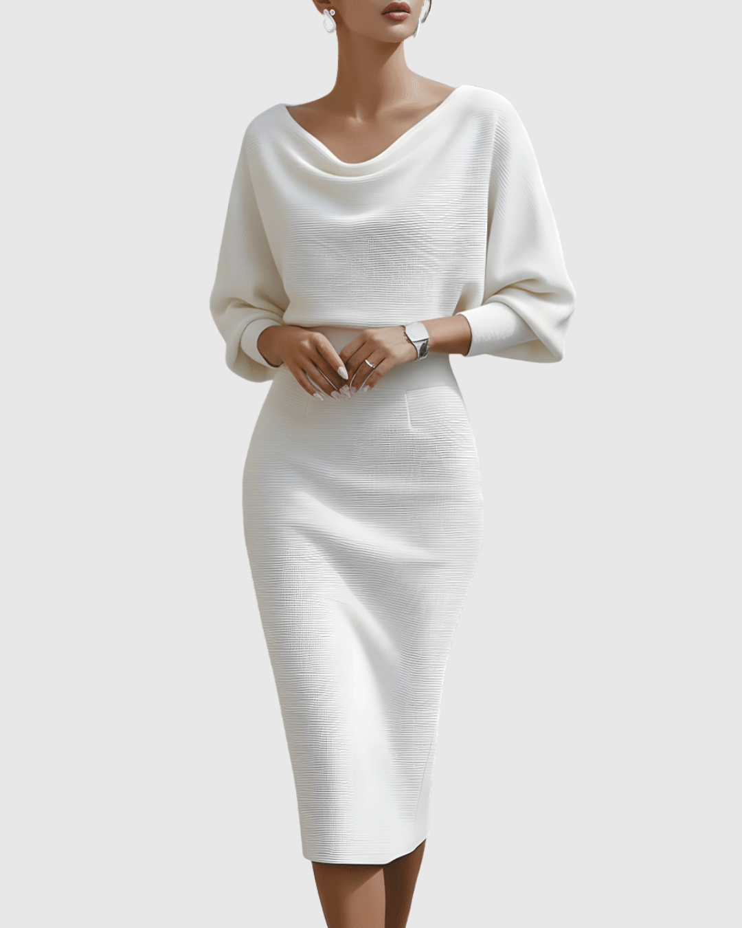 Ismeria | White Draped Batwing Midi Dress