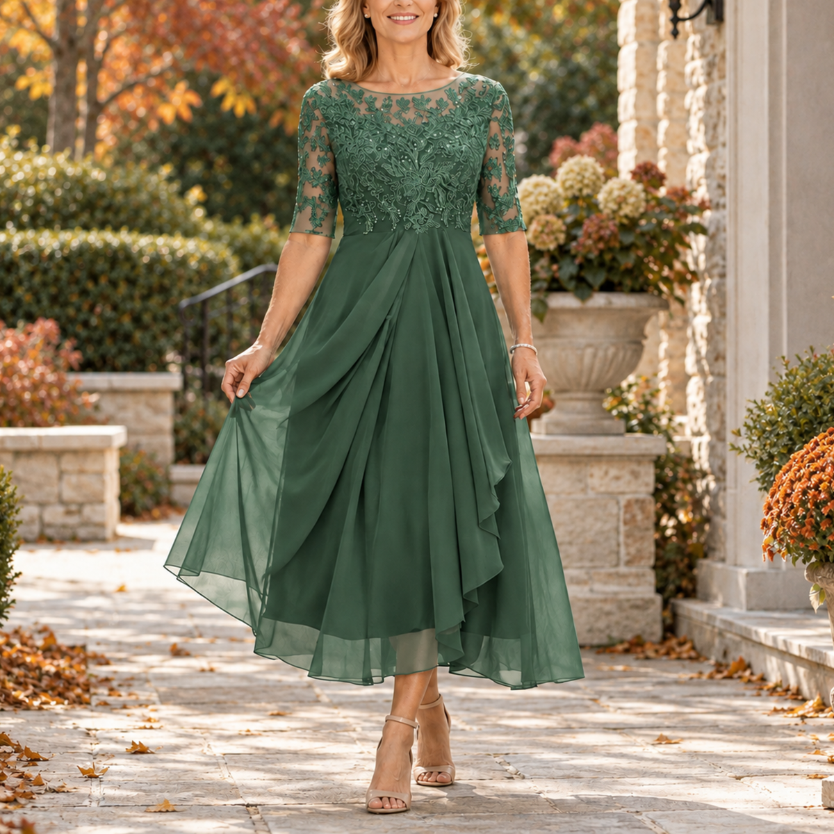 Janice lace bodice draped midi dress in sage green