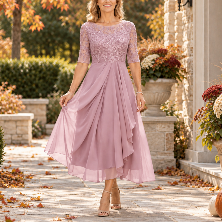 Paula lace bodice draped midi dress in blush pink