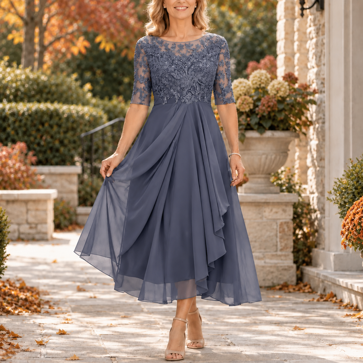 Gail lace bodice draped midi dress in slate gray