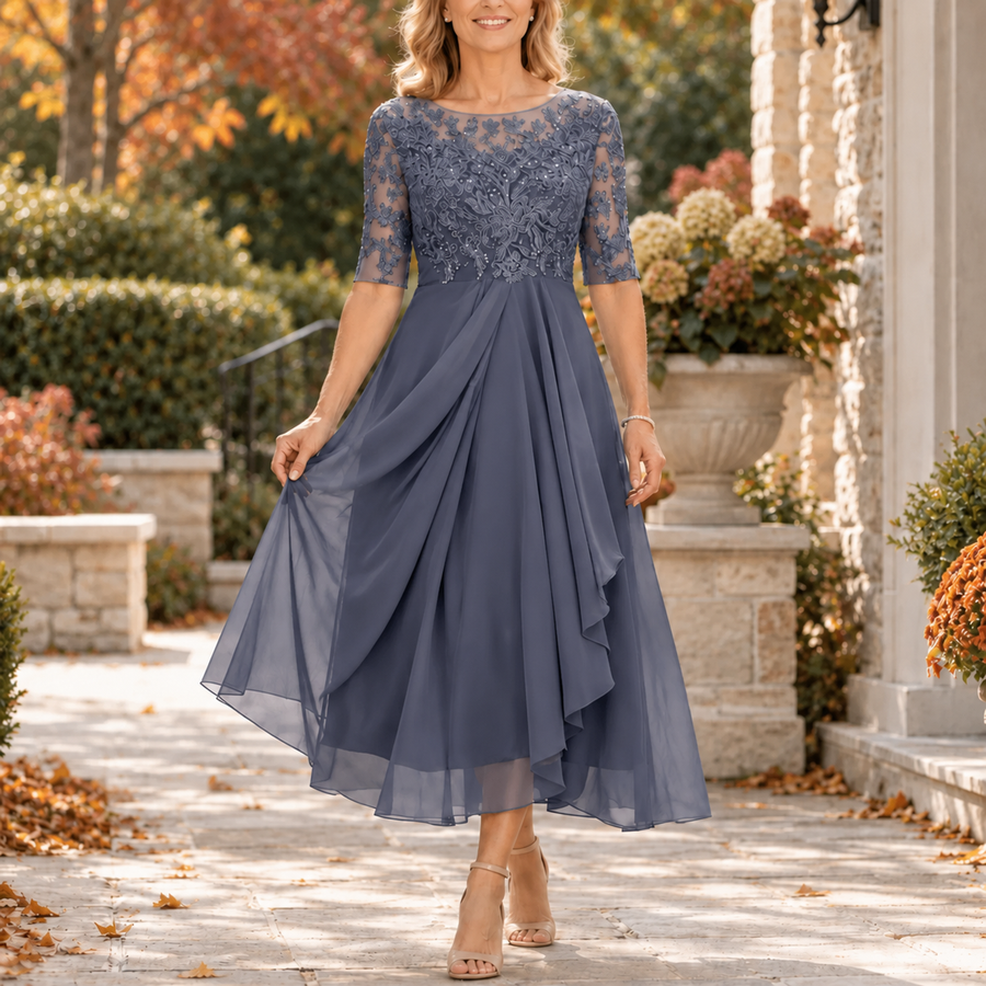 Gail lace bodice draped midi dress in slate gray