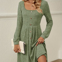 Eleanor square neck button knit dress, available in camel and green