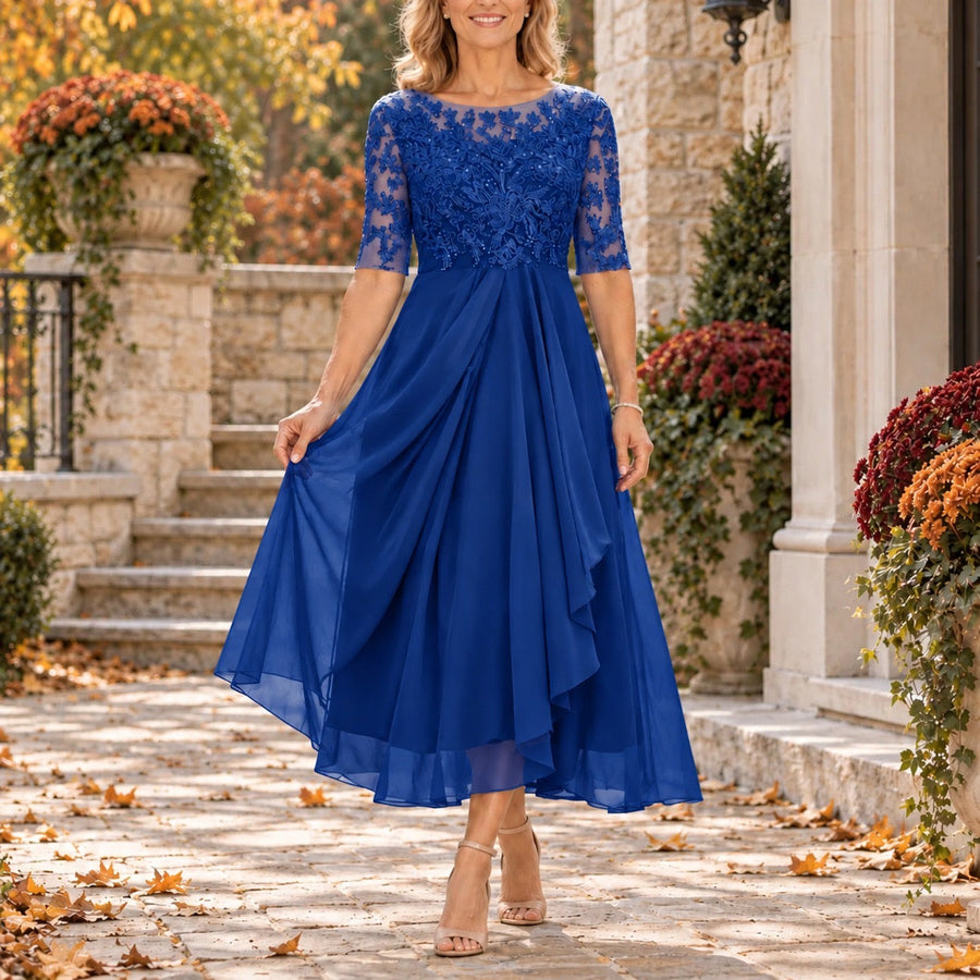Wendy lace bodice draped midi dress in royal blue