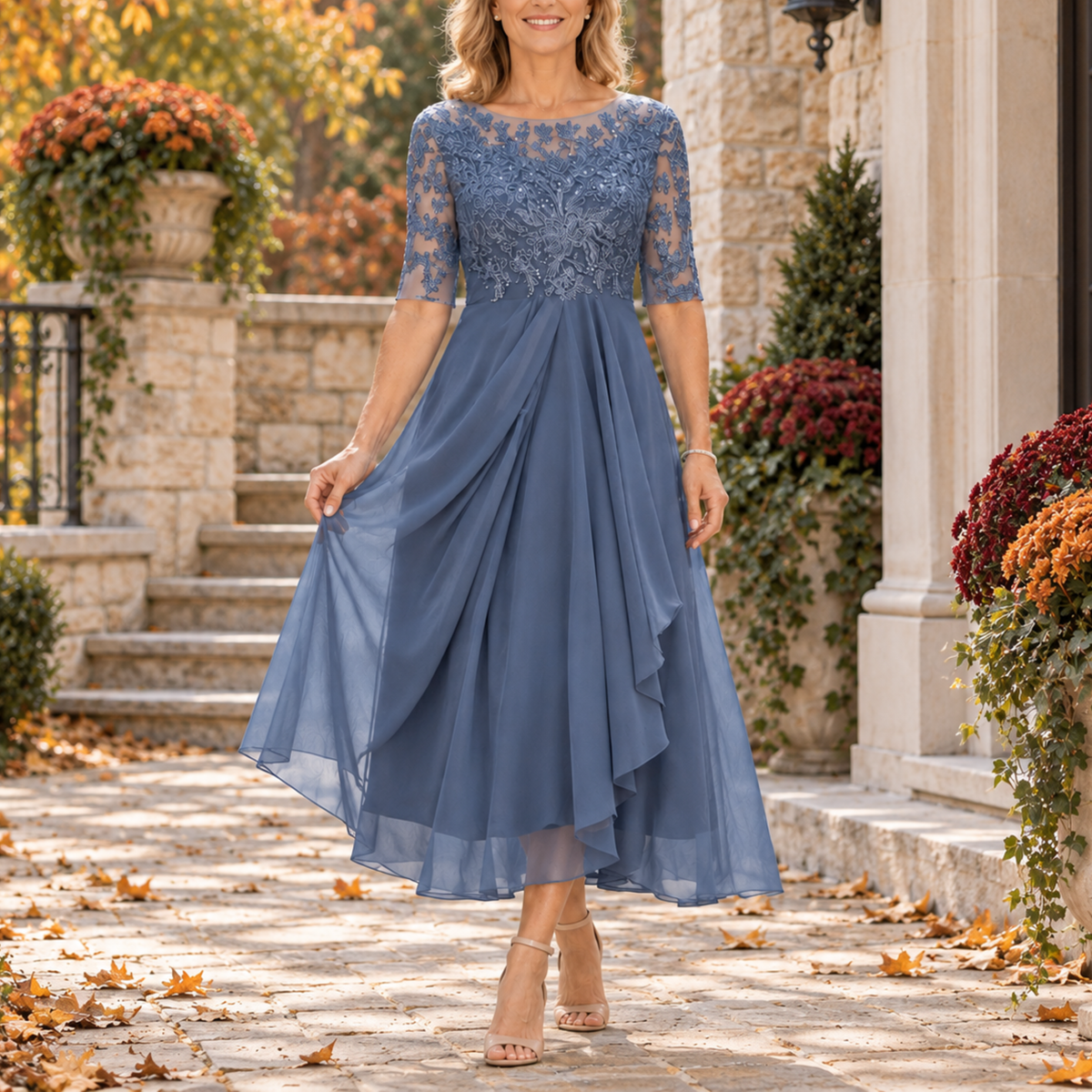 Nancy lace bodice draped midi dress in dusty blue
