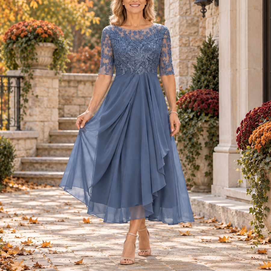 Nancy lace bodice draped midi dress in dusty blue