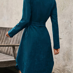 Caroline corduroy belted shirt dress in teal blue, additional view