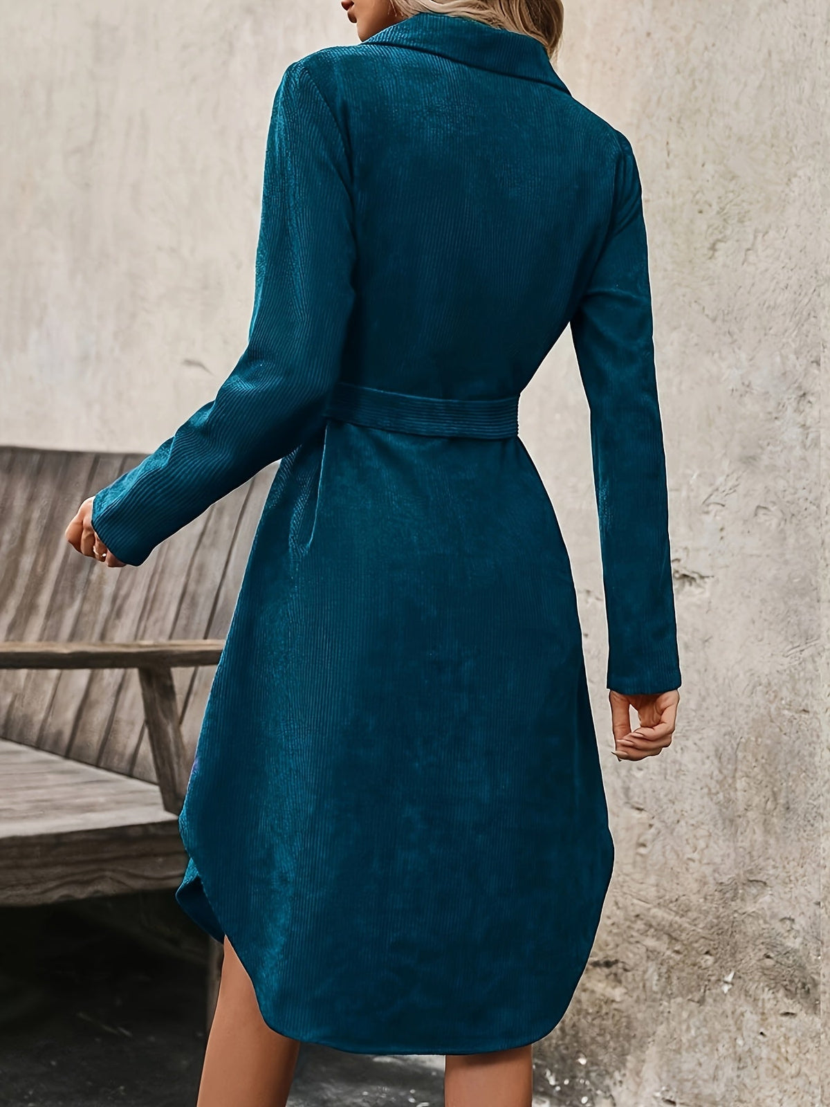 Caroline corduroy belted shirt dress in teal blue, additional view