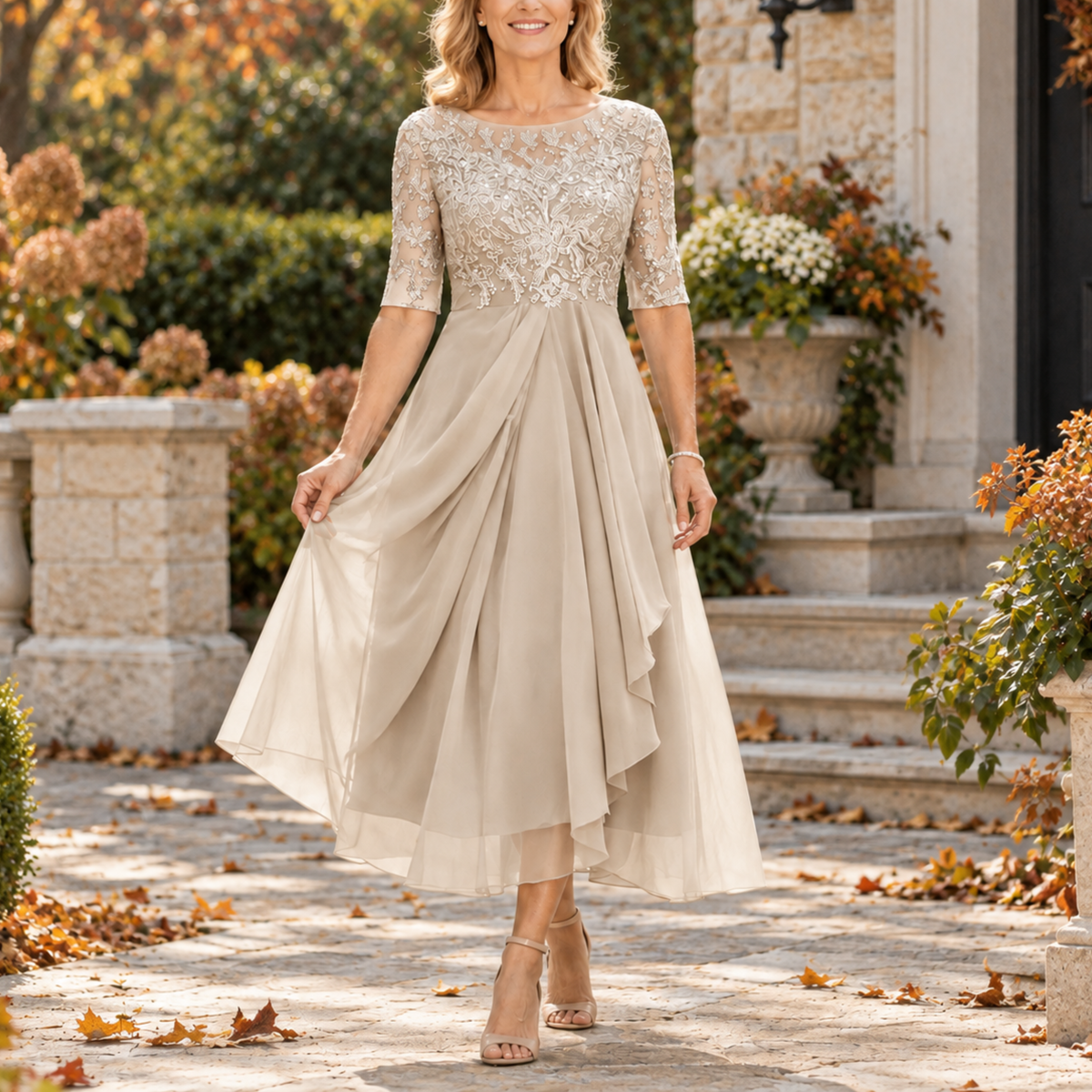 Cynthia lace bodice draped midi dress in champagne