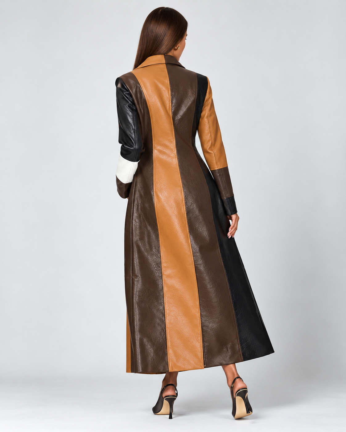 Deborah longline patchwork faux leather coat, back view