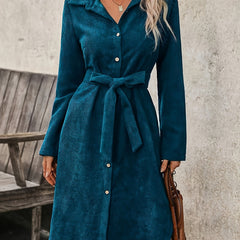Caroline long sleeve corduroy shirt dress in teal blue