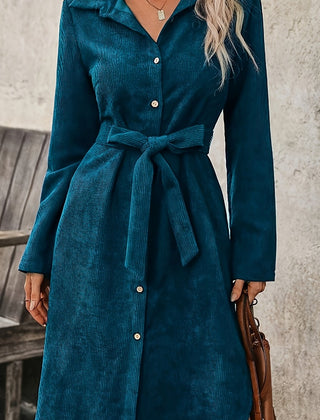 Caroline long sleeve corduroy shirt dress in teal blue