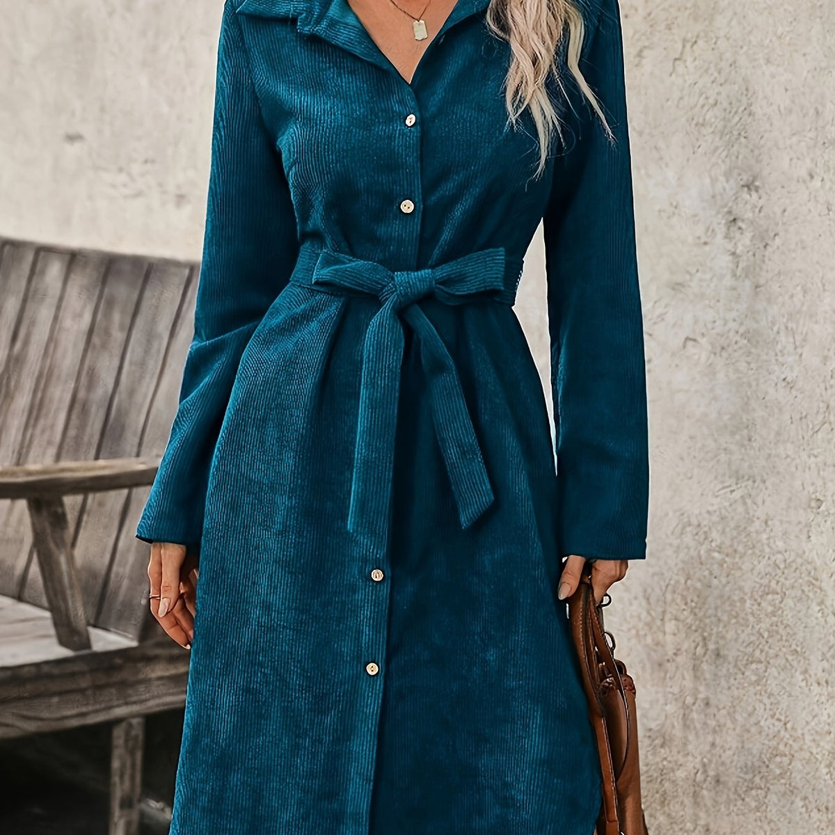 Caroline long sleeve corduroy shirt dress in teal blue