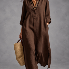 Margaret maxi shirt dress in mocha brown with a raffia bag