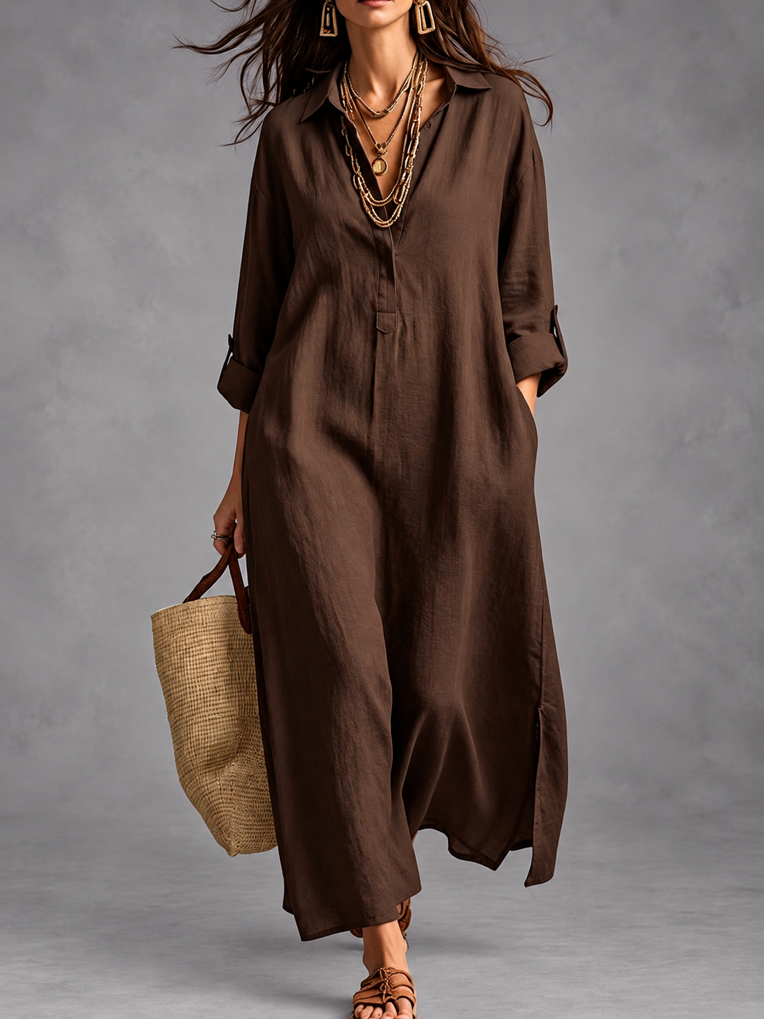 Margaret maxi shirt dress in mocha brown with a raffia bag