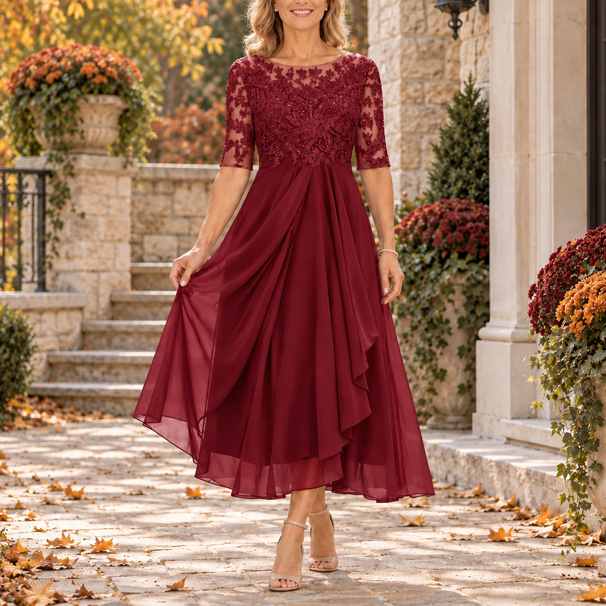 Joan lace bodice draped midi dress in burgundy