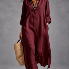 Margaret maxi shirt dress in wine red with gold jewelry