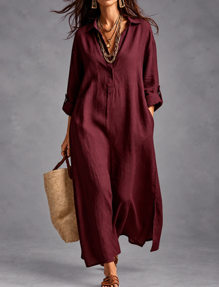 Margaret maxi shirt dress in wine red with gold jewelry