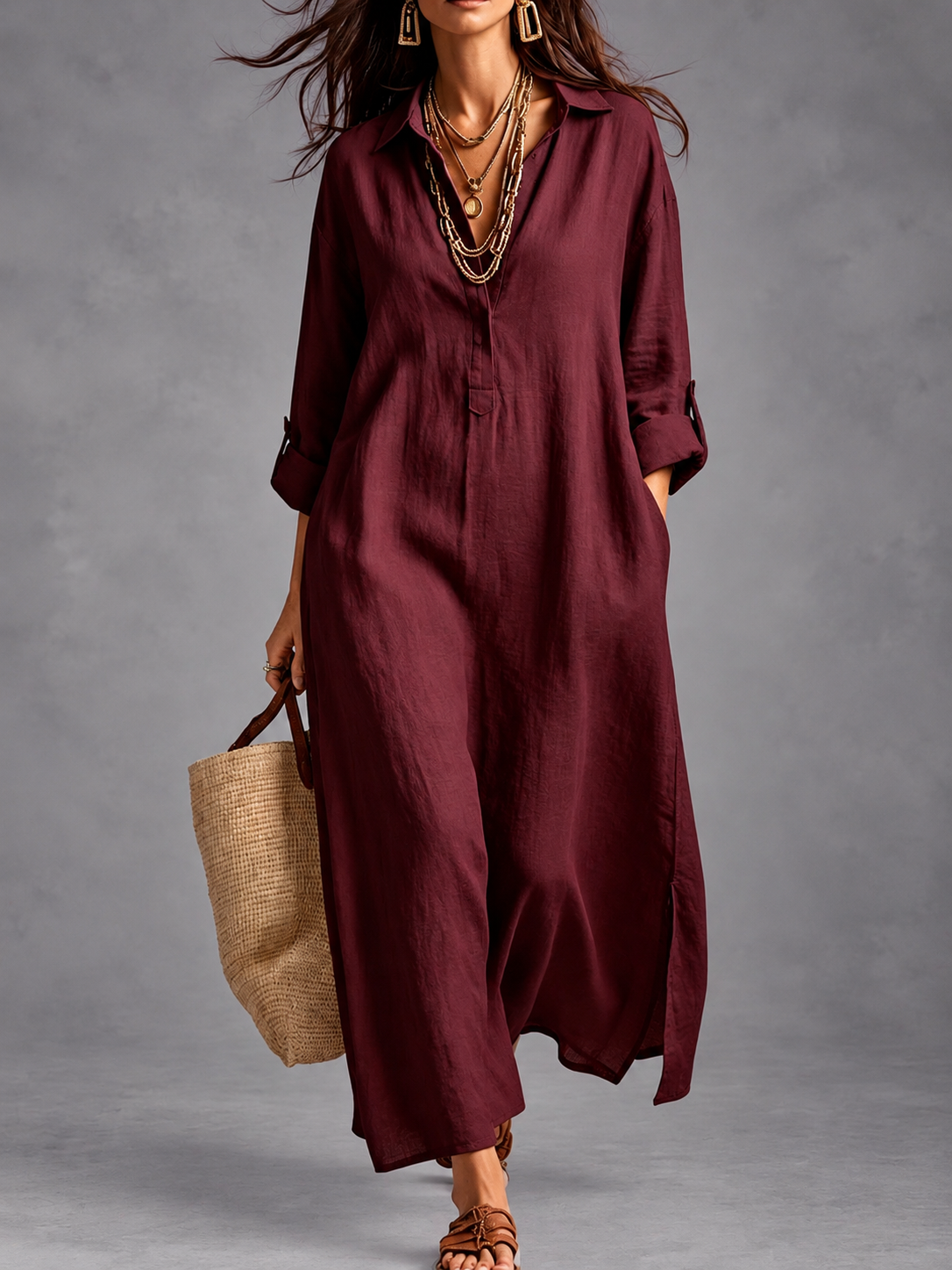 Margaret maxi shirt dress in wine red with gold jewelry
