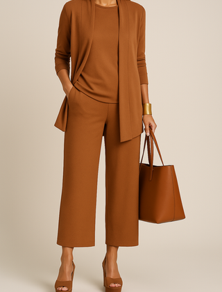 Roberta three-piece blazer, top and pants set in light brown