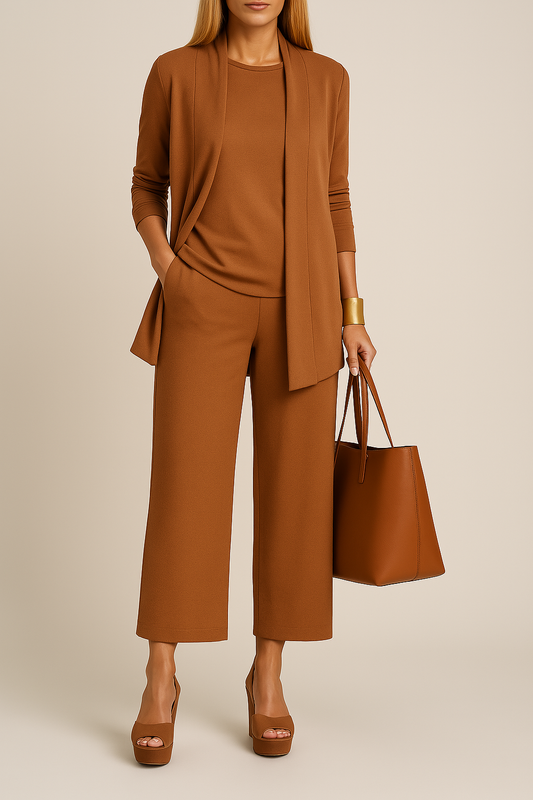 Roberta three-piece blazer, top and pants set in light brown