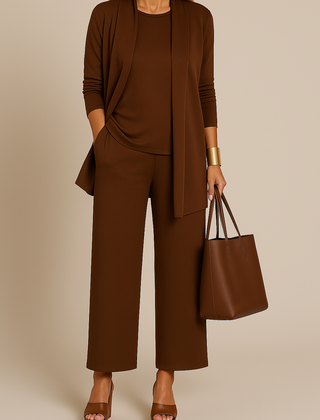 Roberta three-piece blazer, top and pants set in brown