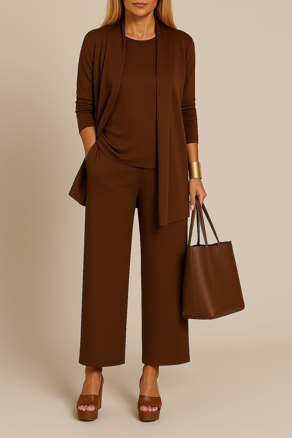 Roberta three-piece blazer, top and pants set in brown