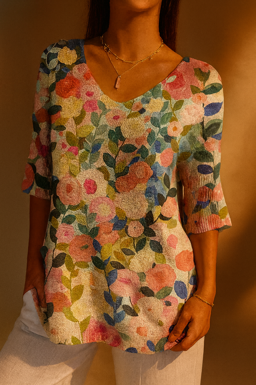 Colorful Spring Floral Garden Printed Women's Casual Pullover Knit
