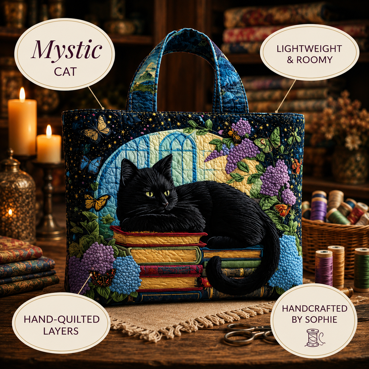 Artisanal Bag - Black Cat on Books