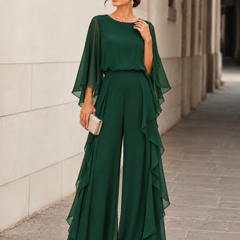 Lenorah cape-sleeve chiffon two-piece set in green