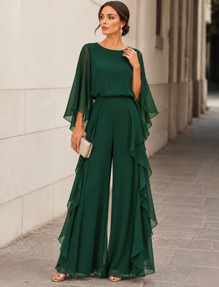Lenorah cape-sleeve chiffon two-piece set in green