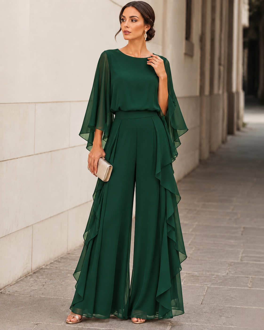 Lenorah cape-sleeve chiffon two-piece set in green