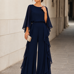 Lenorah cape-sleeve chiffon two-piece set in navy