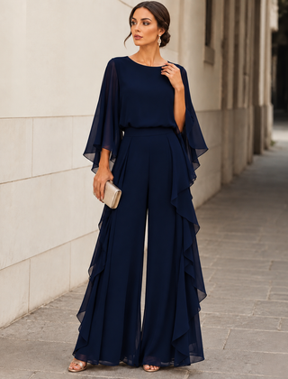 Lenorah cape-sleeve chiffon two-piece set in navy