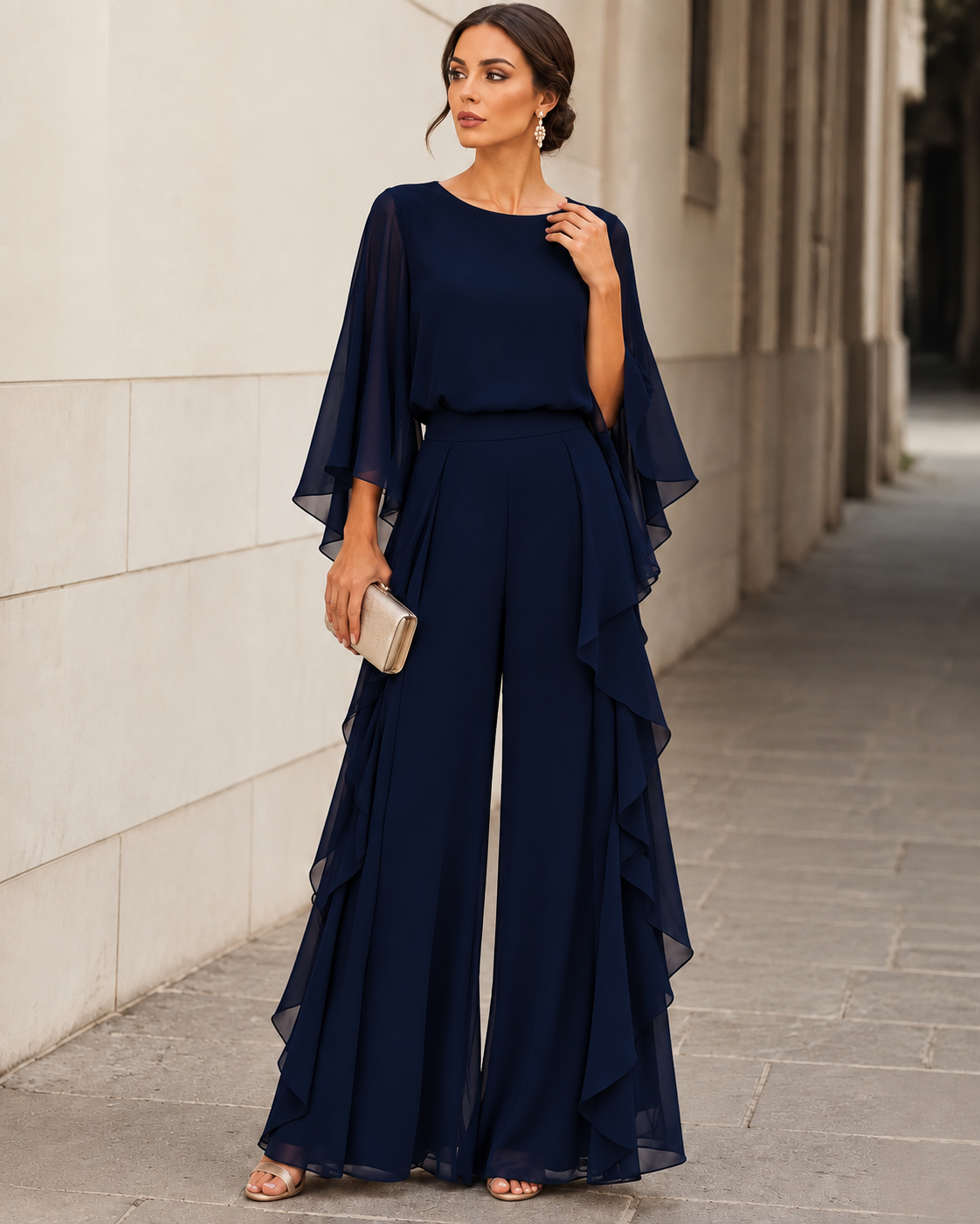 Lenorah cape-sleeve chiffon two-piece set in navy