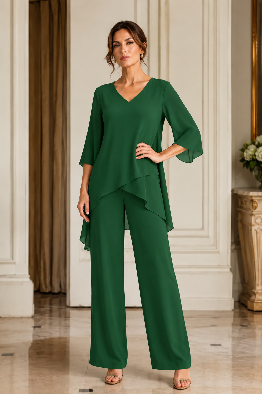 Asymmetric Chiffon Capelet Pant Suit with Wide-Leg Pants