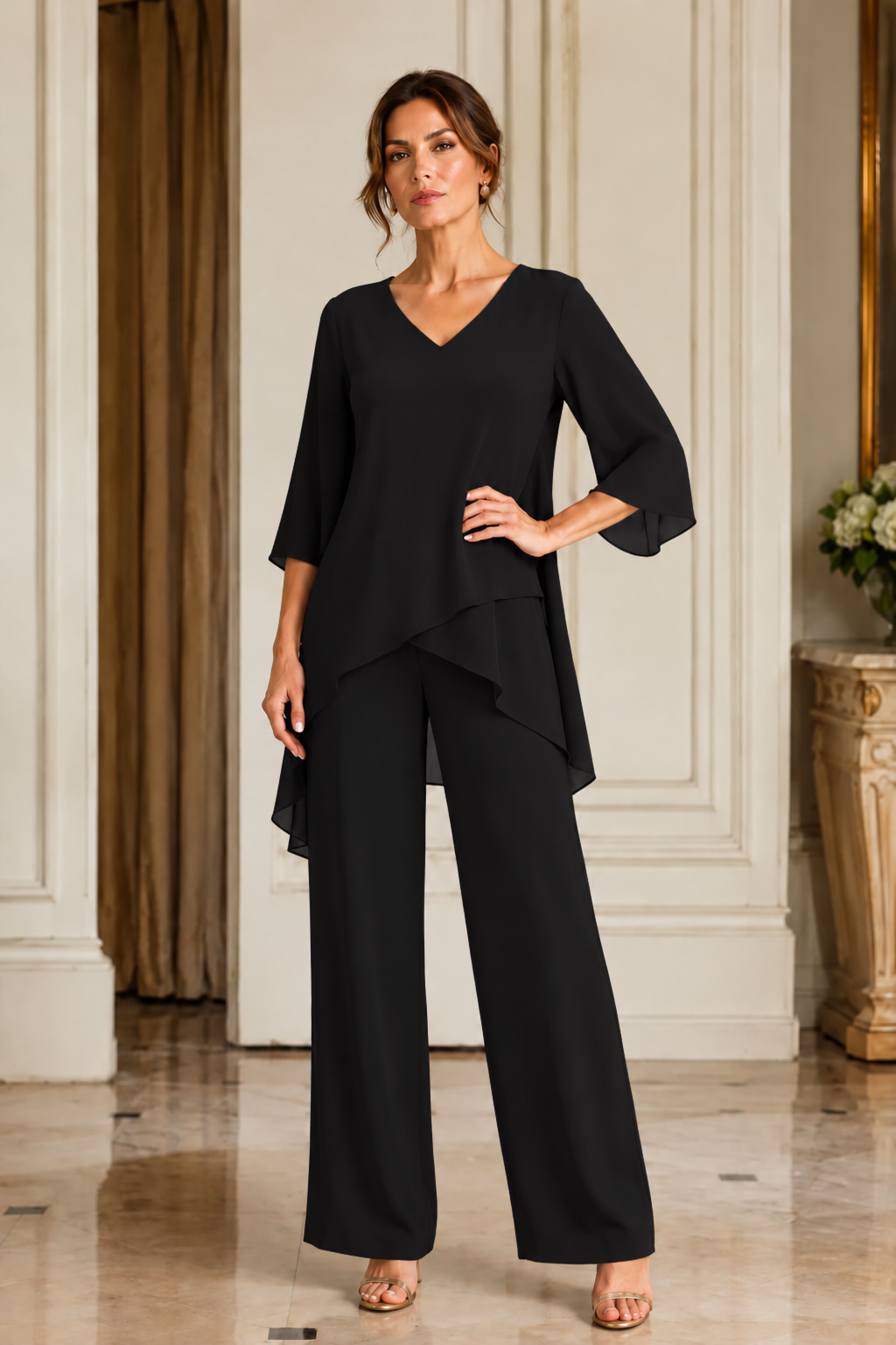 Asymmetric Chiffon Capelet Pant Suit with Wide-Leg Pants