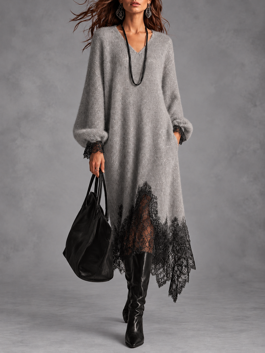 Audrey lace trim sparkle knit dress in gray