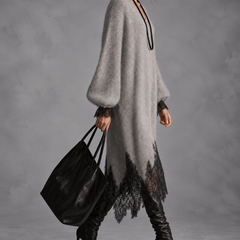 Audrey gray knit dress with lace details and bell sleeves