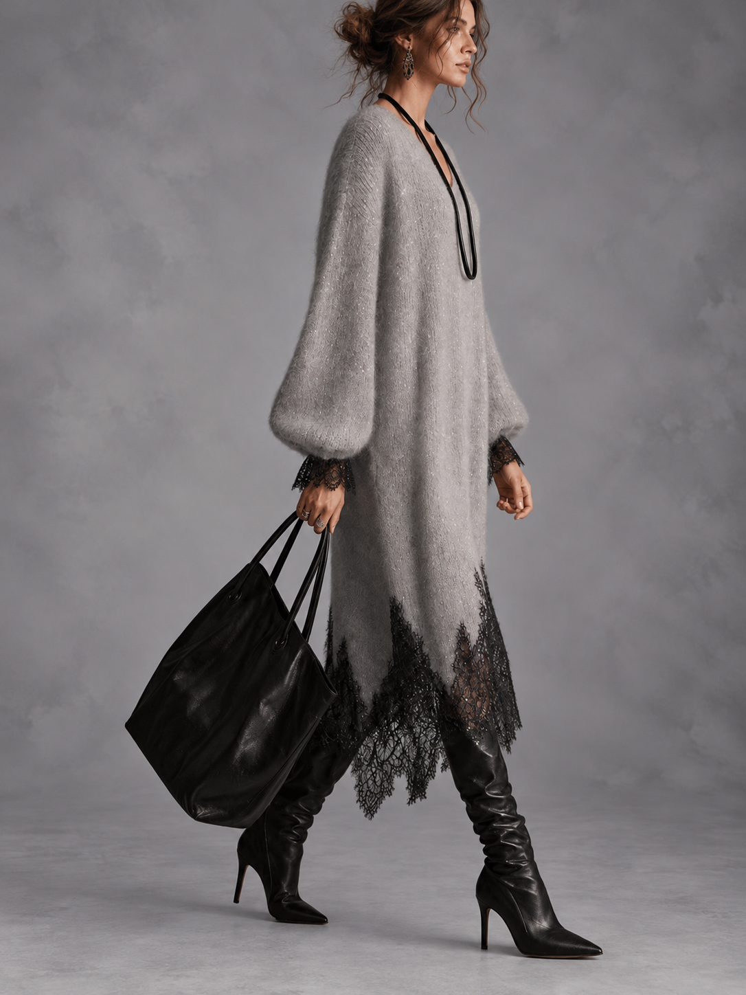 Audrey gray knit dress with lace details and bell sleeves