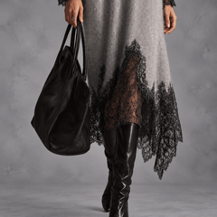 Audrey gray lace trim dress styled with boots