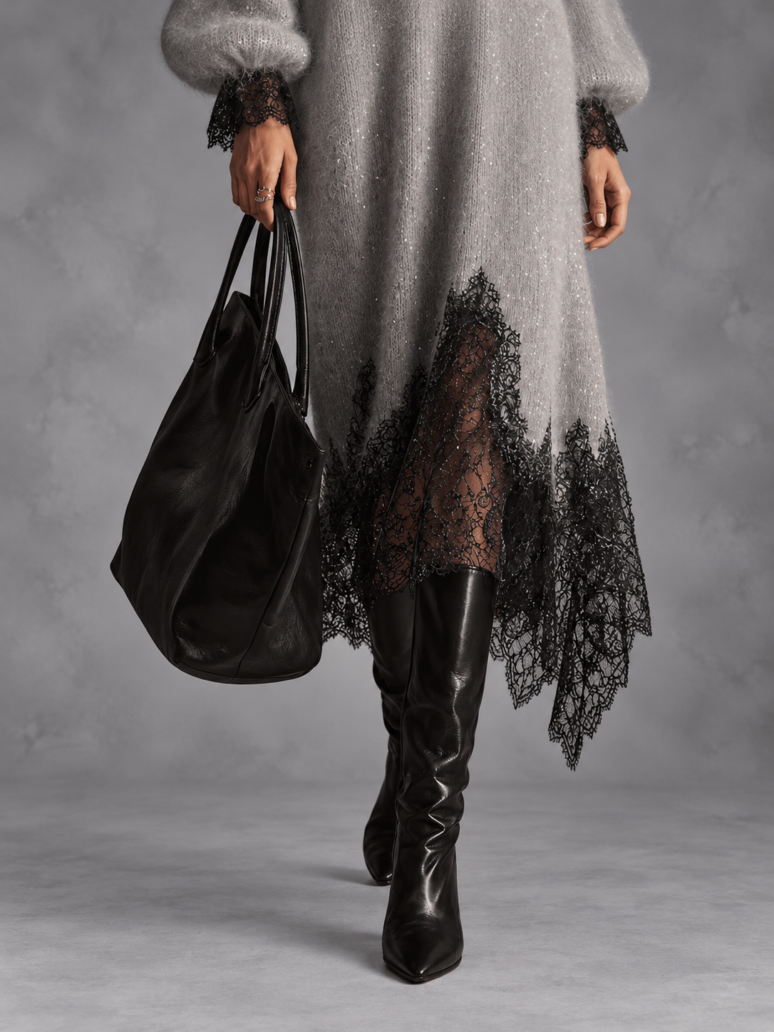 Audrey gray lace trim dress styled with boots