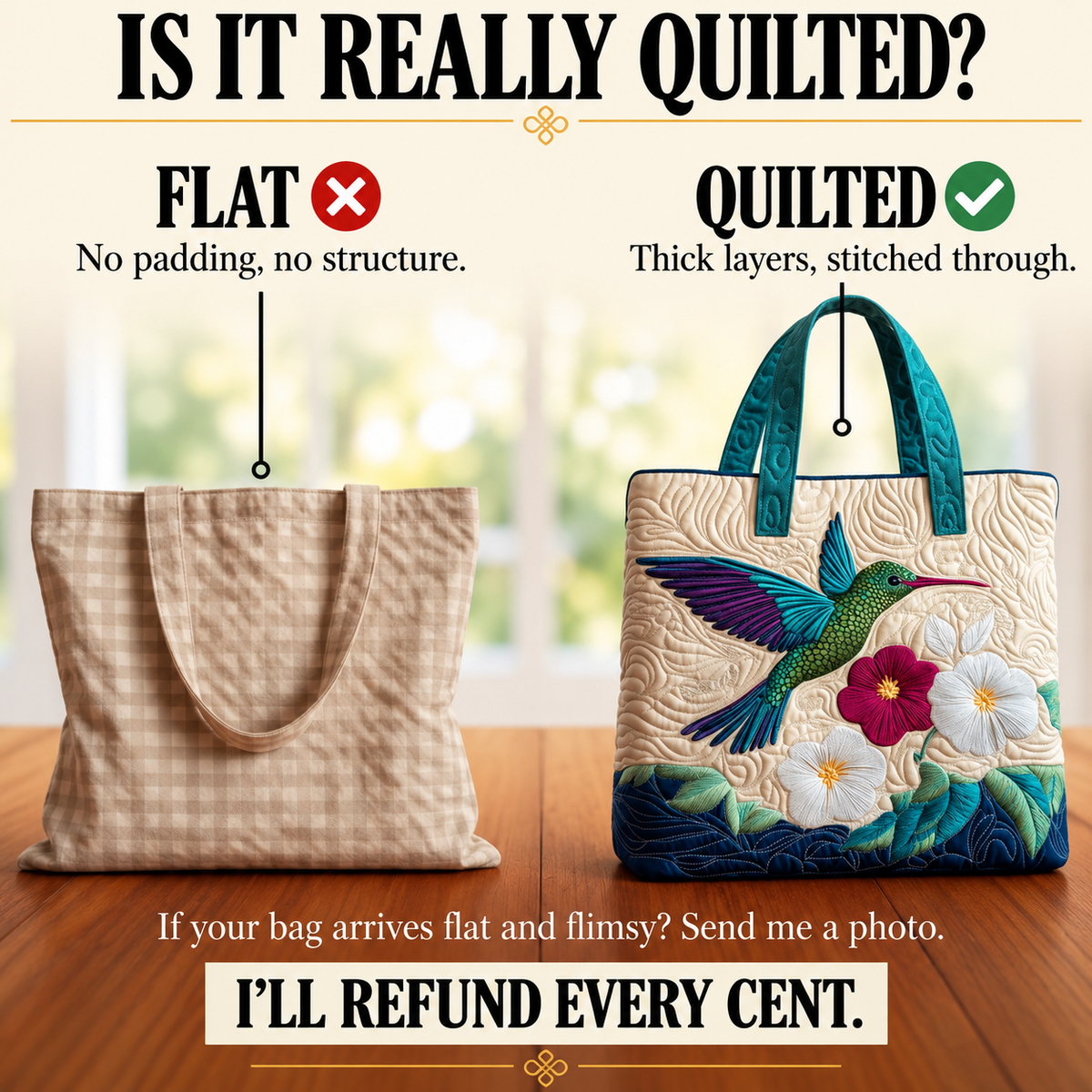 Quilted Bag - Hummingbird and White Flower