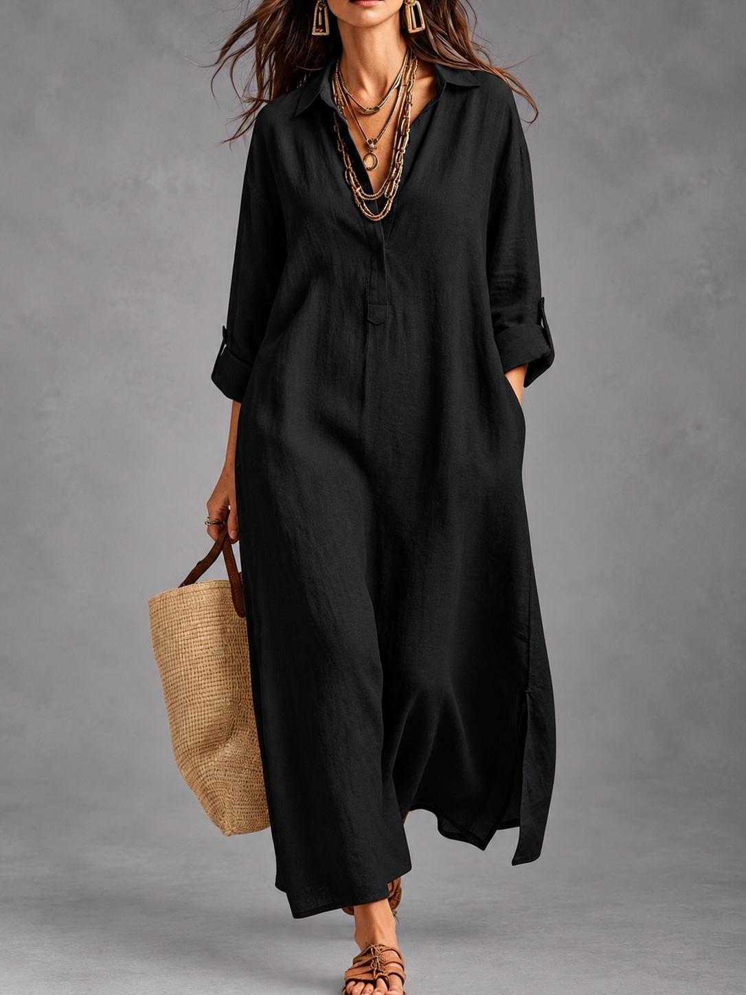 Margaret button-front maxi shirt dress in black