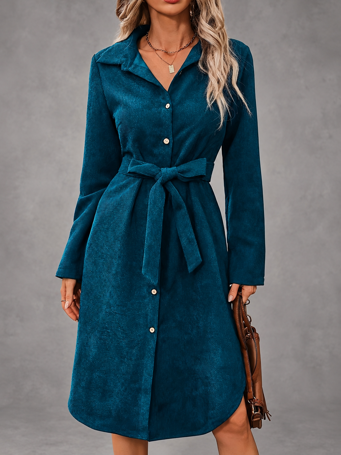 Caroline corduroy belted shirt dress in teal blue, styled with a handbag