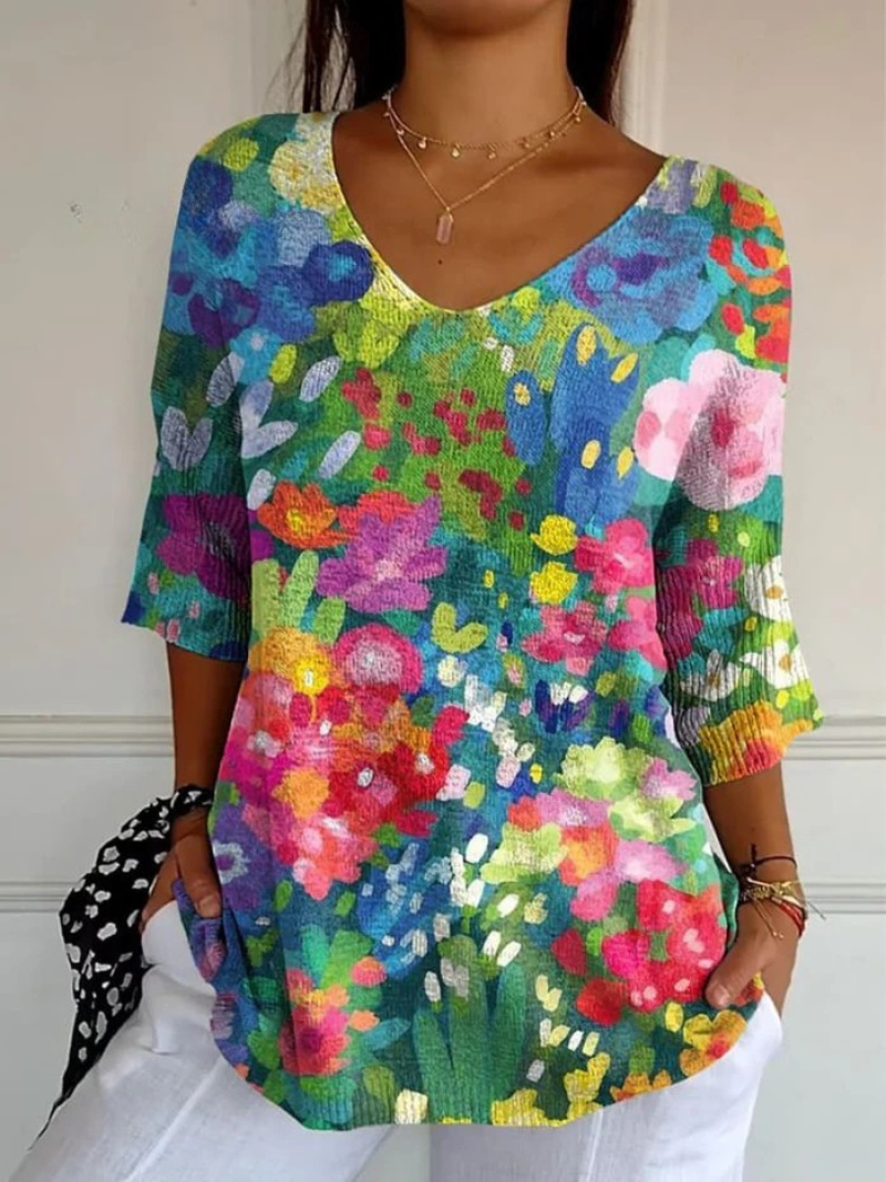 Women's Vintage Lovely Floral Art Print Casual Pullover Knit