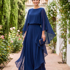Lenorah cape-sleeve chiffon two-piece set in blue