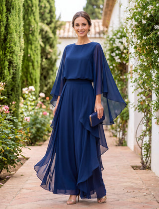 Lenorah cape-sleeve chiffon two-piece set in blue