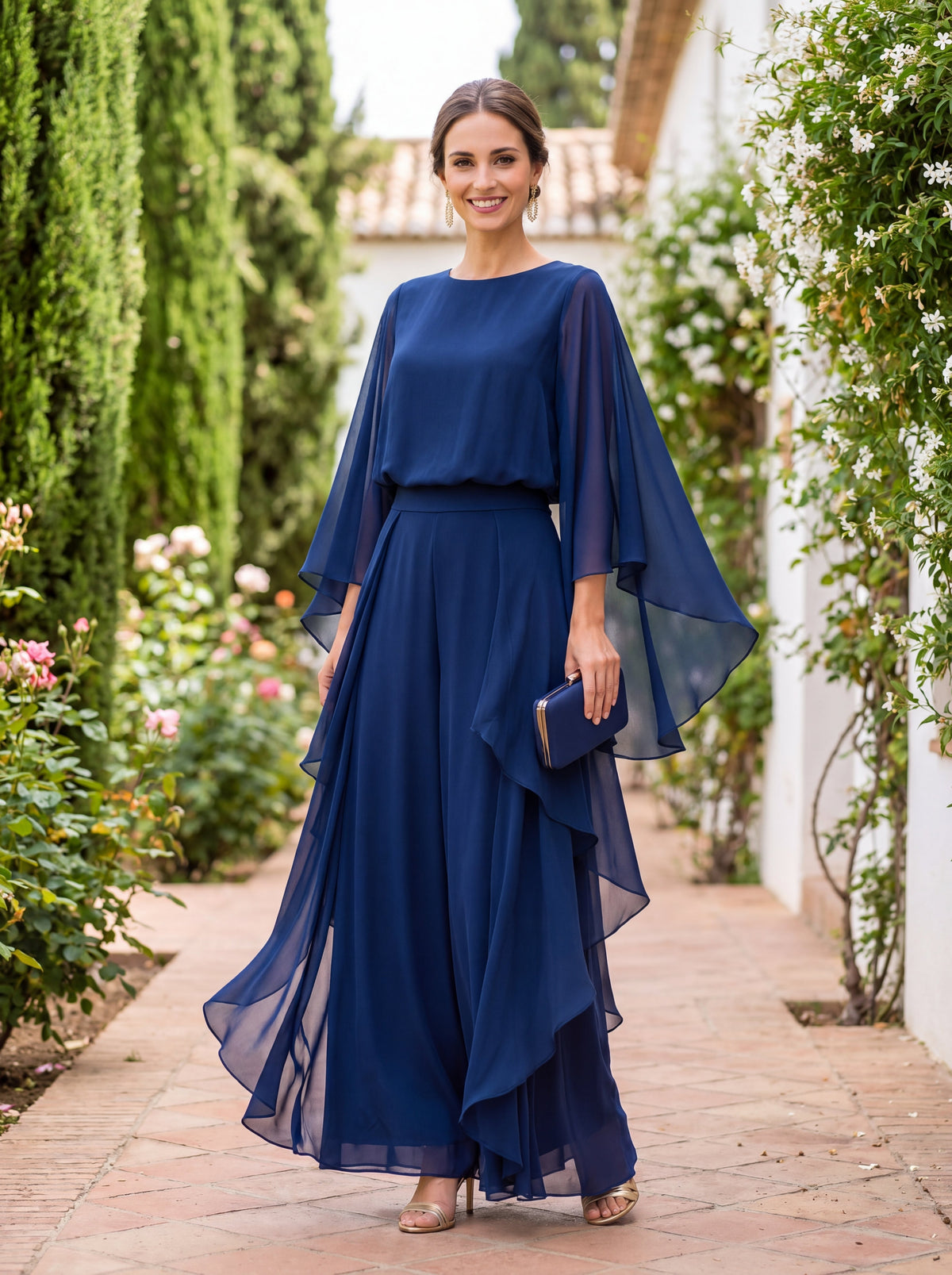 Lenorah cape-sleeve chiffon two-piece set in blue